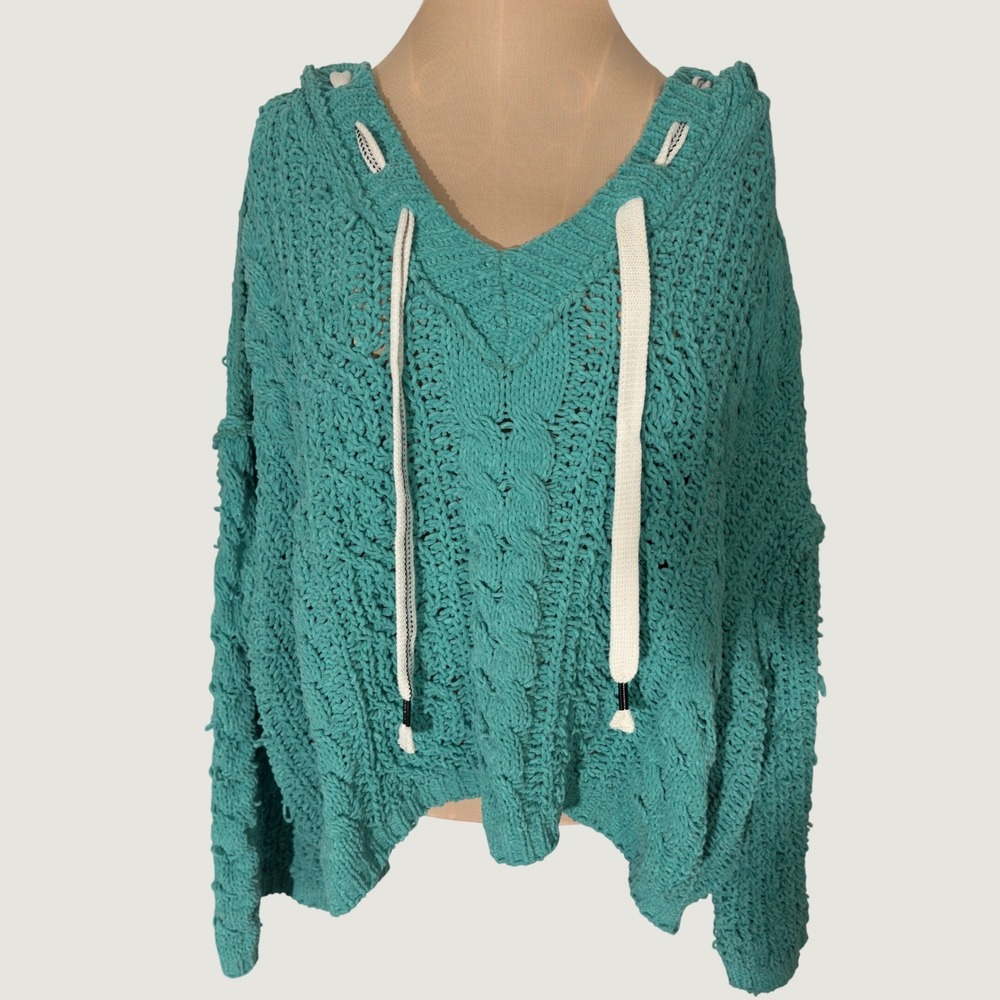 3281 | POL YST410 Chenille Cable Knit Hoodie Sweater Turquoise Boho Women L